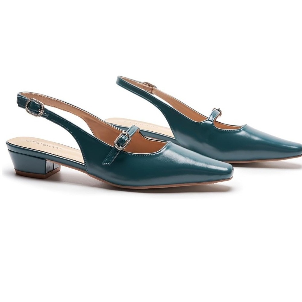 C.Paravano Teal Leather Slingback Mary Jane Block Heel Pumps Womens Size 8 NEW - Picture 4 of 12